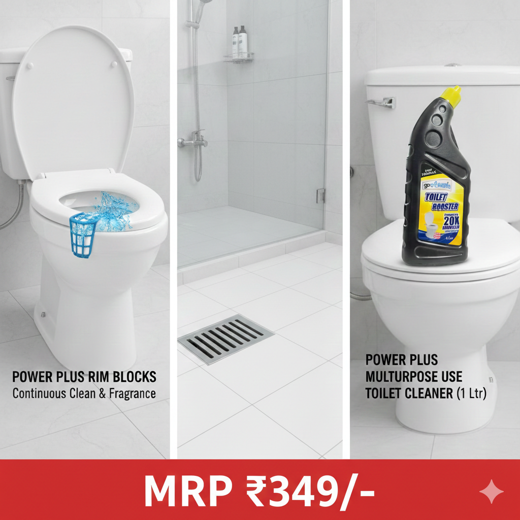 Power Plus Rim Blocks (Continuous Clean), Power Plus Drain Opener, and Power Plus Multipurpose Use Toilet Cleaner (1 Ltr)