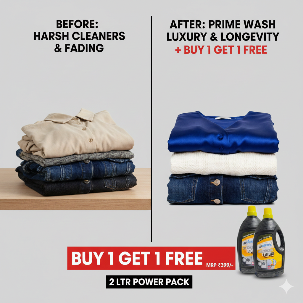 Prime Wash Luxury Liquid Detergent - Buy 1 Get 1 Free (2 Ltr Power Pack) | Color Protect & Fabric Longevity Formula