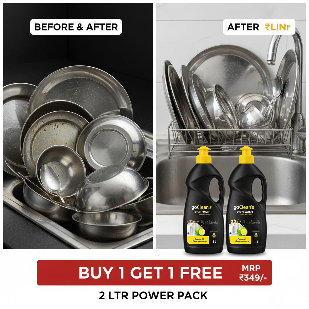 Goclean’s Dishwash Liquid - Buy 1 Get 1 Free (2 Ltr Power Pack) | Powerful Degreasing & Sparkling Shine