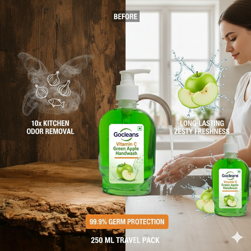 Goclean’s Vitamin C Green Apple Handwash - 99.9% Germ Protection & 10x Kitchen Odor Removal (250ml Travel Pack)