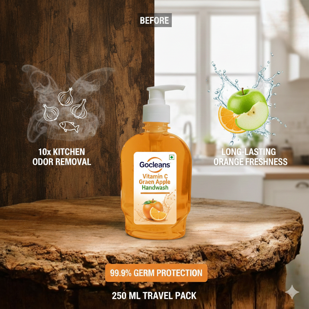 Goclean’s Vitamin C Green Apple Handwash - 99.9% Germ Protection & 10x Kitchen Odor Removal (250ml Travel Pack)